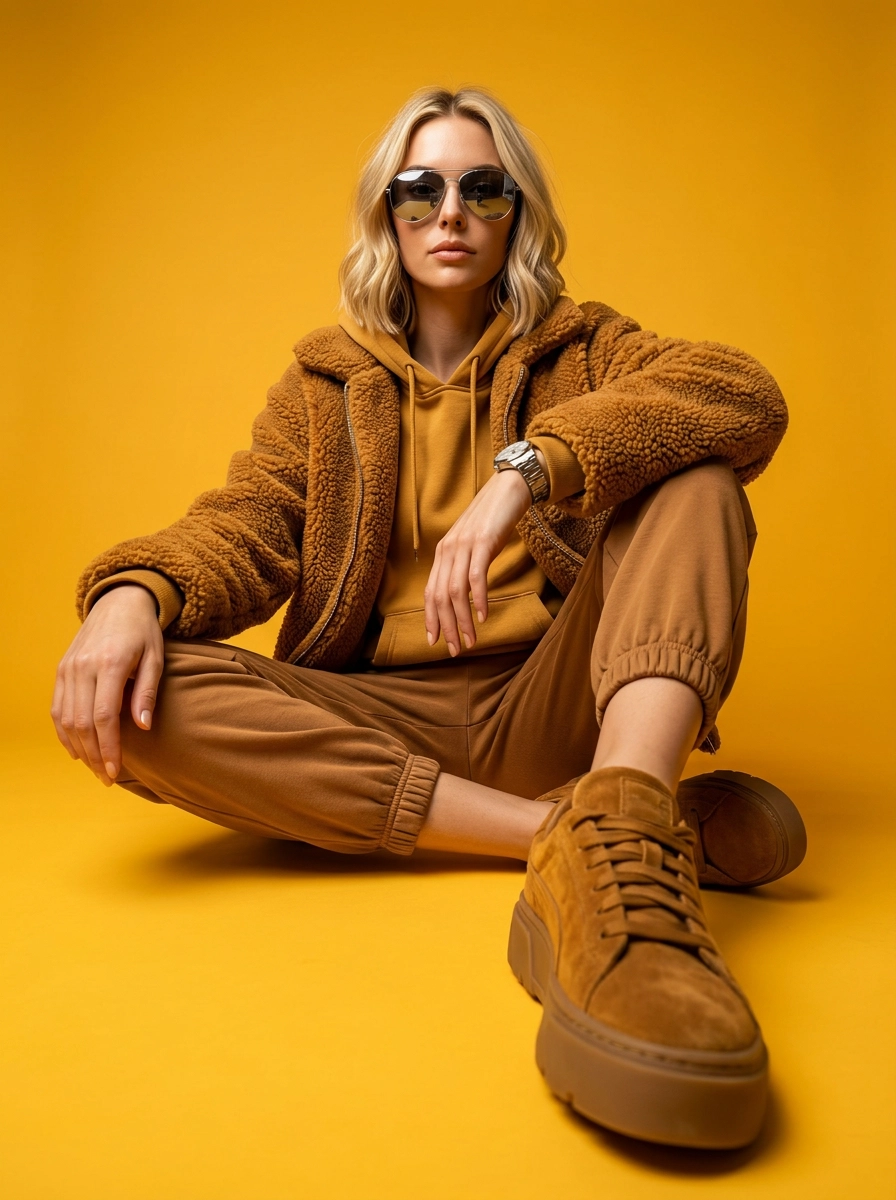 Editorial-съёмка в золотой студии с streetwear-стилем